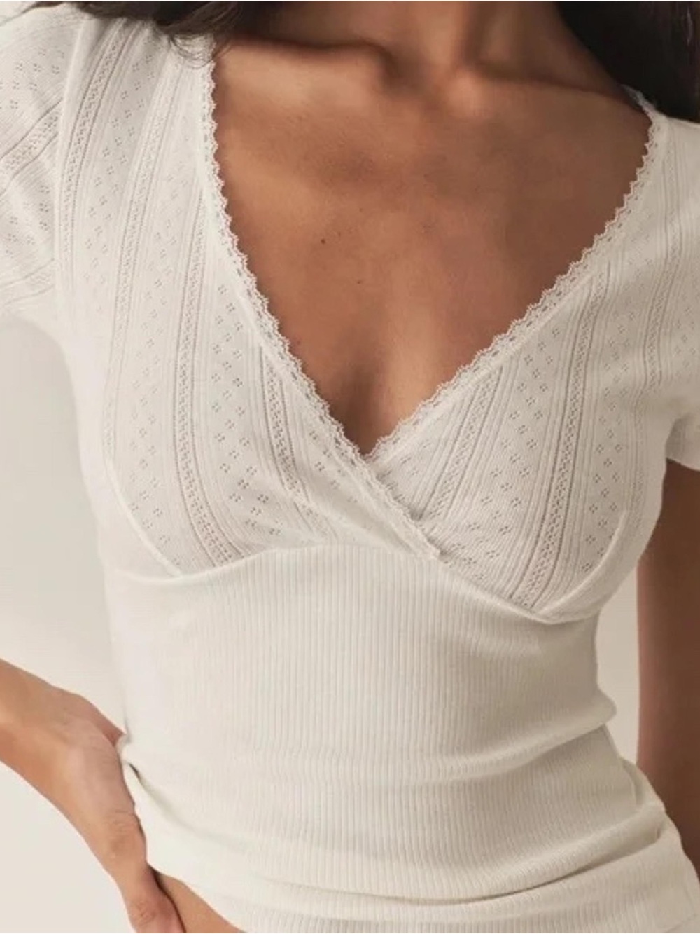 Doen White Eyelet Knit V-Neck Top Lace Trim Medium